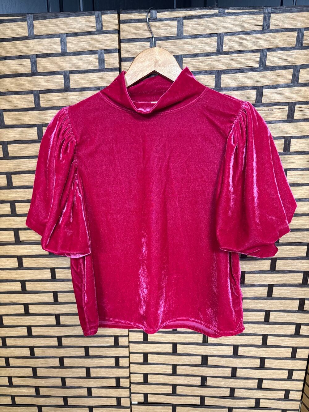 Free People‎ Pink Velvet Puff Sleeve Mock Neck Top Size Small